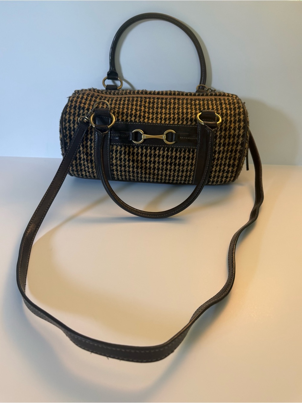 Vintage Houndstooth Hobo Satchel in Brown and Tan with Brass Accents - Picture 2 of 16